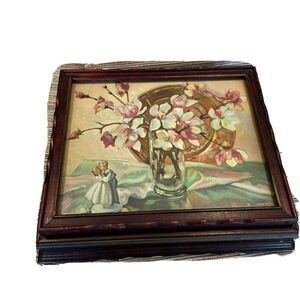 Vintage Wooden Jewelry Wedding Box W Framed Dogwood Flower Print Lid 12”W X 10”D